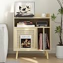 Semiocthome Record Player Stand with Vinyl Storage, Record Player Table with Storage Shelf, Turntable Stand with Rattan Cabinet Door, Side Table with Solid Wood Legs for Turntables for Living Room
