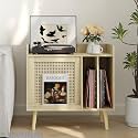 Semiocthome Record Player Stand with Vinyl Storage, Record Player Table with Rattan Cabinet Door, Vinyl Record Holder with Display Area, Side Table with Solid Wood Legs for Turntables for Living Room
