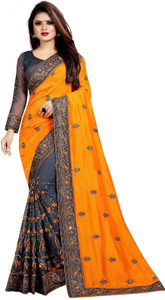 semizoxis embellished bollywood net art silk saree yellow grey