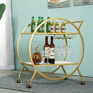 dcor serving trolley with two metal handles wheeled wine cart circular mobile trolley with two tier shelves for liqueur and cocktail in the kitchen-white gold