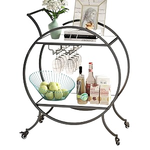 dcor serving trolley with two metal handles wheeled wine cart circular mobile trolley with two tier shelves for liqueur and cocktail in the kitchen-black white