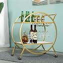 Dcor Serving Trolley with Two Metal Handles, Wheeled Wine Cart, Circular Mobile Trolley with Two Tier Shelves for Liqueur and Cocktail in The Kitchen-White Gold