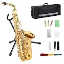 Senfot AS-100 Eb Alto Saxophone Gold Lacquer Alto Sax Full Kit With Cleaning Cloth, Gloves, Brush, Headjoint, Reed, Strap, Stand, Tube Case, Saxophone for Beginners and Professional, Gold