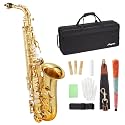 Senfot Brass Eb Alto Saxophone Set with Case, Cork Grease, Cloth, Shoukder and Leather Neck Strap, Brush, Gloves, Reed; Create a Real and Clear Sound for Beginners and Performances