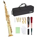 Senfot Brass Straight Soprano Saxophone Set with Case, Cork Grease, Cloth, Shoukder and Leather Neck Strap, Brush, Gloves, Reed; Pro-Grade Student Sax for School Band, Lessons &amp; Solo Practice