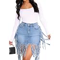 SeNight Women's High Waist Denim Mini Skirt Frayed Hem Stretchy