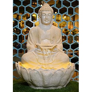 sepborn buddha fountain outdoor creamy yellow 66x66x91 cm 8 kg zen garden statue with flowing water feature