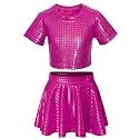 Sequin Top for Girls with Shiny Skirt Disco 0utfit Metallic Dress Performance Kids 3-13T