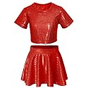 Sequin Top for Girls with Shiny Skirt Disco 0utfit Metallic Dress Performance Kids 3-13T