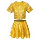 Sequin Top for Girls with Shiny Skirt Disco 0utfit Metallic Dress Performance Kids 3-13T