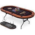 SereneLife 7ft Poker Table for 10 Players - Heavy Duty Oval Texas Hold'em Casino Table for Game Room, 25mm Reinforced Metal Legs, Durable Black PVC Rail, 10 Deep Cup Holders & Professional Layout