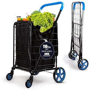 serenelife folding shopping cart heavy duty portable grocery trolley black