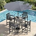 SERWALL 6 Pcs HDPE Bar Height Chairs and Bar Table &amp; Umbrella Set, Aruba