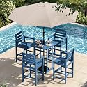 SERWALL 6 Pcs HDPE Bar Height Chairs and Bar Table &amp; Umbrella Set, Aruba