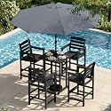 SERWALL 6 Pcs HDPE Bar Height Chairs and Bar Table &amp; Umbrella Set, Black