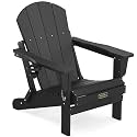 SERWALL Folding Adirondack Chairs with Cup Holder, Outdoor Fire Pit - Black