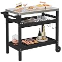 SERWALL Outdoor Grill Cart Table with Three Tier Storage Shelves, Movable Prep Cart, Weather-Resistant HDPE Material, Dining Cart Table for Outdoor Cooking, Four Hooks, Black