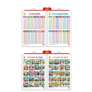 set of 2 2 in 1 addition and subtraction and 2 in 1 benny is sad and benny is shy early learning educational charts for kids 2034x3034 inch non-tearable and waterproof double sided laminated  perfect for homeschooling kindergarten and nursery students