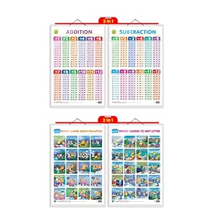 set of 2  2 in 1 addition and subtraction and 2 in 1 benny learns about pollution and benny learns not to litter early learning educational charts for kids  2034x3034 inch non-tearable and waterproof  double sided laminated  perfect for homeschooling kindergarten and nursery students