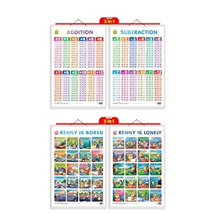 set of 2 2 in 1 addition and subtraction and 2 in 1 benny is bored and benny is lonely early learning educational charts for kids 2034x3034 inch non-tearable and waterproof double sided laminated  perfect for homeschooling kindergarten and nursery students
