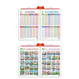 set of 2  2 in 1 addition and subtraction and 2 in 1 benny learns to recycle and benny teaches to save water early learning educational charts for kids  2034x3034 inch non-tearable and waterproof  double sided laminated  perfect for homeschooling kindergarten and nursery students