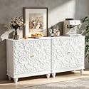 Set of 2 31" Accent Storage Cabinets, Floral Embossed Sideboards (White)