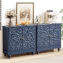 Set of 2 31" Accent Storage Cabinets, Floral Embossed Sideboards (Blue)