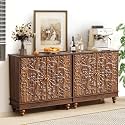Set of 2 31" Accent Storage Cabinets, Floral Embossed Sideboards (Walnut)