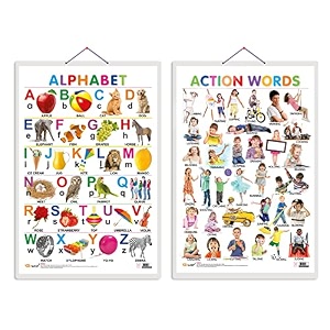 set of 2 alphabet and action words early learning educational charts for kids  2034x3034 inch non-tearable and waterproof  double sided laminated  perfect for homeschooling kindergarten and nursery students