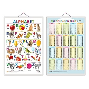 set of 2 alphabet and multiplication table 1-20 early learning educational charts for kids  2034x3034 inch non-tearable and waterproof  double sided laminated  perfect for homeschooling kindergarten and nursery students
