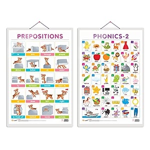 set of 2 prepositions and phonics - 2 early learning educational charts for kids  2034x3034 inch non-tearable and waterproof  double sided laminated  perfect for homeschooling kindergarten and nursery students