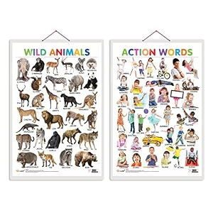 set of 2 wild animals and action words early learning educational charts for kids  2034x3034 inch non-tearable and waterproof  double sided laminated  kindergarten and nursery students