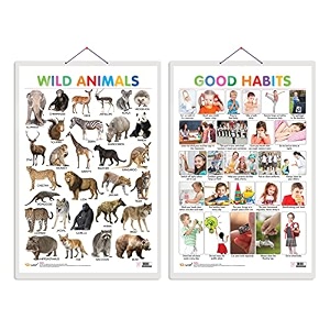 set of 2 wild animals and good habits early learning educational charts for kids  2034x3034 inch non-tearable and waterproof  double sided laminated  kindergarten and nursery students