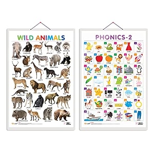 set of 2 wild animals and phonics - 2 early learning educational charts for kids  2034x3034 inch non-tearable and waterproof  double sided laminated  kindergarten and nursery students