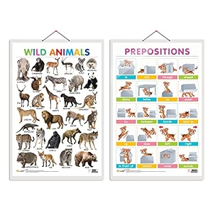 set of 2 wild animals and prepositions early learning educational charts for kids  2034x3034 inch non-tearable and waterproof  double sided laminated  kindergarten and nursery students