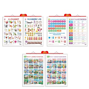 set of 3  2 in 1 alphabet and number 1-10 2 in 1 number amp fractions and maths keywords and 2 in 1 benny learns to recycle and benny teaches to save water early learning educational charts for kids  2034x3034 inch non-tearable and waterproof  double sided laminated  perfect for homeschooling kindergarten and nursery students