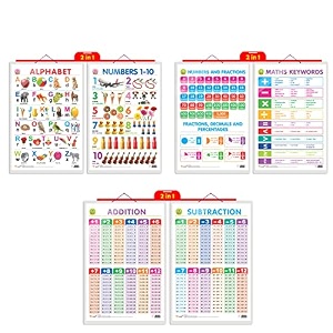 set of 3  2 in 1 alphabet and number 1-10 2 in 1 number amp fractions and maths keywords and 2 in 1 addition and subtraction early learning educational charts for kids  2034x3034 inch non-tearable and waterproof  double sided laminated  perfect for homeschooling kindergarten and nursery students