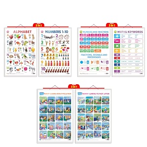 set of 3  2 in 1 alphabet and number 1-10 2 in 1 number amp fractions and maths keywords and 2 in 1 benny learns about pollution and benny learns not to litter early learning educational charts for kids  2034x3034 inch non-tearable and waterproof  double sided laminated  perfect for homeschooling kindergarten and nursery students