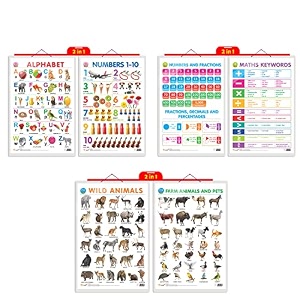 set of 3  2 in 1 alphabet and number 1-10 2 in 1 number amp fractions and maths keywords and 2 in 1 wild and farm animals amp pets early learning educational charts for kids  2034x3034 inch non-tearable and waterproof  double sided laminated  perfect for homeschooling kindergarten and nursery students