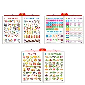 set of 3  2 in 1 alphabet and number 1-10 2 in 1 number amp fractions and maths keywords and 2 in 1 fruits and vegetables early learning educational charts for kids  2034x3034 inch non-tearable and waterproof  double sided laminated  perfect for homeschooling kindergarten and nursery students