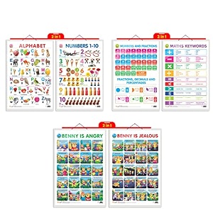 set of 3  2 in 1 alphabet and number 1-10 2 in 1 number amp fractions and maths keywords and 2 in 1 benny is angry and benny is jealous early learning educational charts for kids  2034x3034 inch non-tearable and waterproof  double sided laminated  perfect for homeschooling kindergarten and nursery students