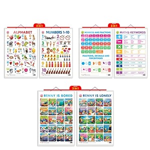 set of 3  2 in 1 alphabet and number 1-10 2 in 1 number amp fractions and maths keywords and 2 in 1 benny is bored and benny is lonely early learning educational charts for kids  2034x3034 inch non-tearable and waterproof  double sided laminated  perfect for homeschooling kindergarten and nursery students