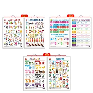set of 3  2 in 1 alphabet and number 1-10 2 in 1 number amp fractions and maths keywords and 2 in 1 colours and shapes early learning educational charts for kids  2034x3034 inch non-tearable and waterproof  double sided laminated  perfect for homeschooling kindergarten and nursery students