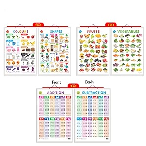 set of 3 2 in 1 colours and shapes 2 in 1 fruits and vegetables and 2 in 1 addition and subtraction early learning educational charts for kids  2034x3034 inch non-tearable and waterproof  double sided laminated  perfect for homeschooling kindergarten and nursery students