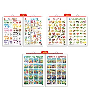 set of 3 2 in 1 colours and shapes 2 in 1 fruits and vegetables and 2 in 1 benny is angry and benny is jealous early learning educational charts for kids  2034x3034 inch non-tearable and waterproof  double sided laminated  perfect for homeschooling kindergarten and nursery students
