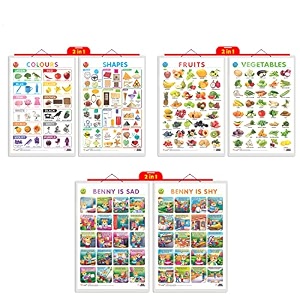 set of 3 2 in 1 colours and shapes 2 in 1 fruits and vegetables and 2 in 1 benny is sad and benny is shy early learning educational charts for kids  2034x3034 inch non-tearable and waterproof  double sided laminated  perfect for homeschooling kindergarten and nursery students