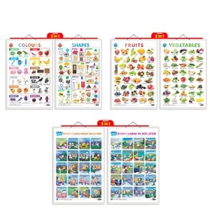set of 3 2 in 1 colours and shapes 2 in 1 fruits and vegetables and 2 in 1 benny learns about pollution and benny learns not to litter early learning educational charts for kids  2034x3034 inch non-tearable and waterproof  double sided laminated  perfect for homeschooling kindergarten and nursery students