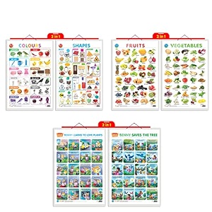 set of 3 2 in 1 colours and shapes 2 in 1 fruits and vegetables and 2 in 1 benny learns to love plants and benny saves the tree early learning educational charts for kids  2034x3034 inch non-tearable and waterproof  double sided laminated  perfect for homeschooling kindergarten and nursery students