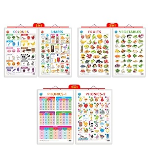 set of 3 2 in 1 colours and shapes 2 in 1 fruits and vegetables and 2 in 1 phonics 1 and phonics 2 early learning educational charts for kids  2034x3034 inch non-tearable and waterproof  double sided laminated  perfect for homeschooling kindergarten and nursery students