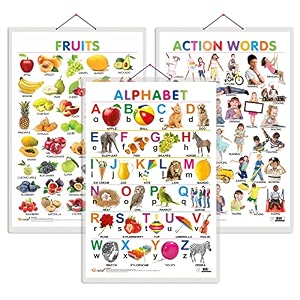 set of 3 alphabet fruits and action words early learning educational charts for kids  2034x3034 inch non-tearable and waterproof  double sided laminated  perfect for homeschooling kindergarten and nursery students